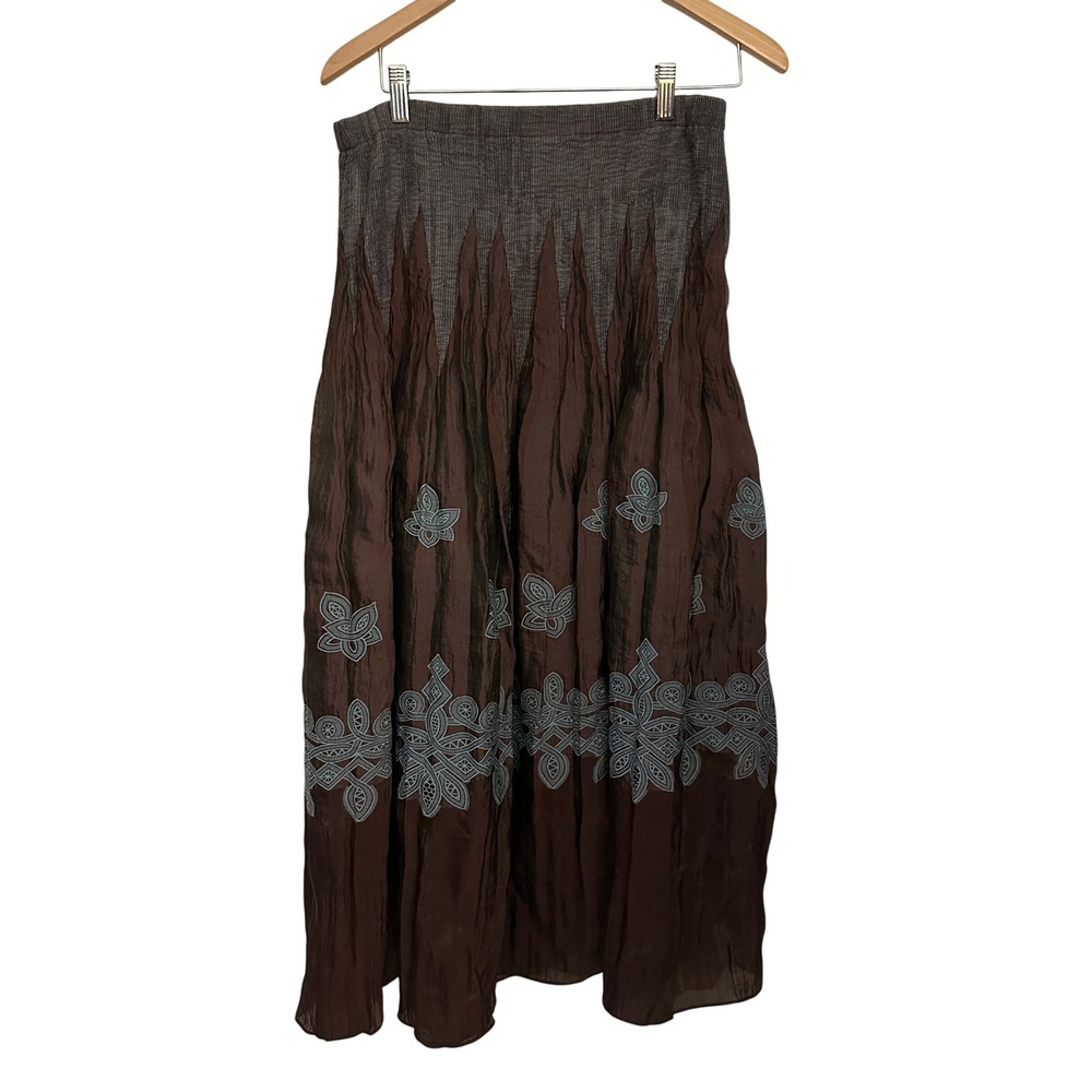 Coldwater Creek Maxi Skirt‎ Womens XS Brown Smocked Embroidered Boho Excellent